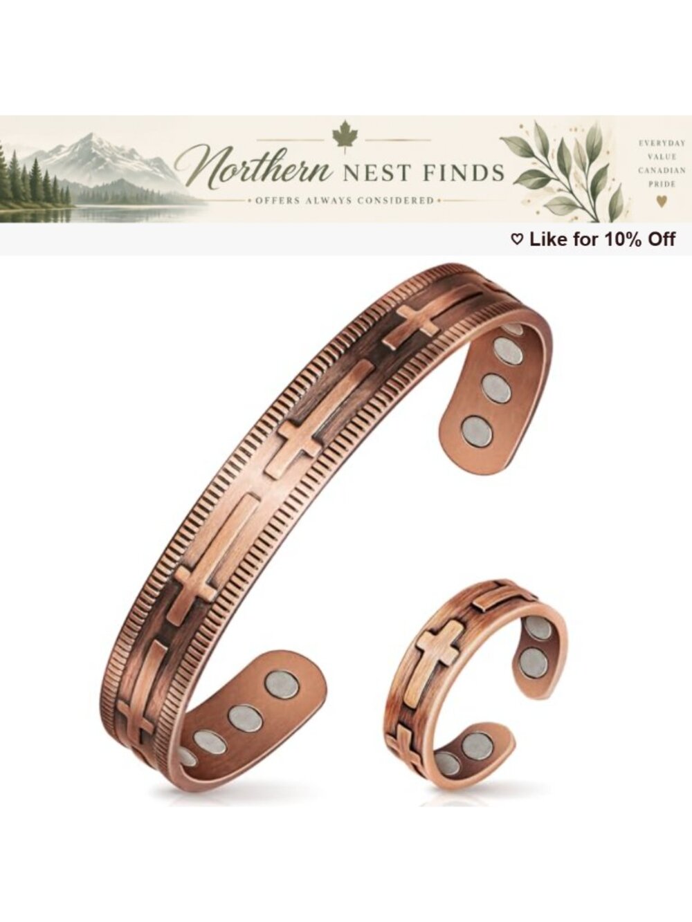 Pure Copper Magnetic Bracelet & Thumb Ring Set Adjustable Cross Design